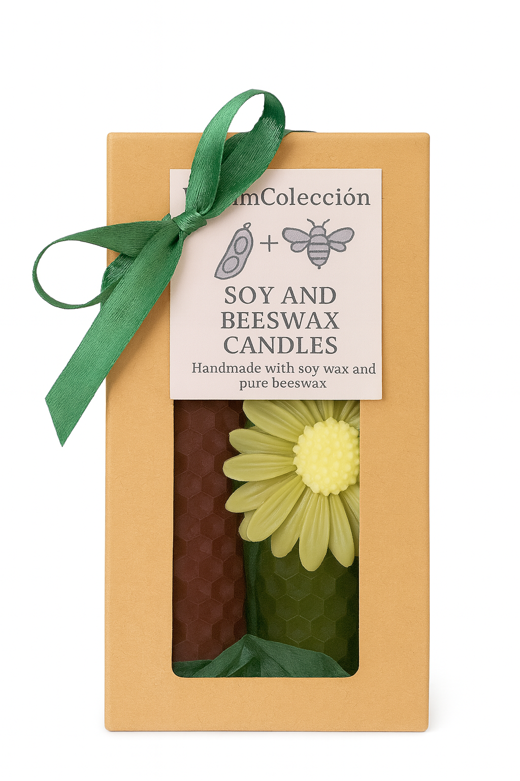 Duo de Velas Artesanales Verde & Marrón – Cera de Soja y Abeja con Flor Decorativa