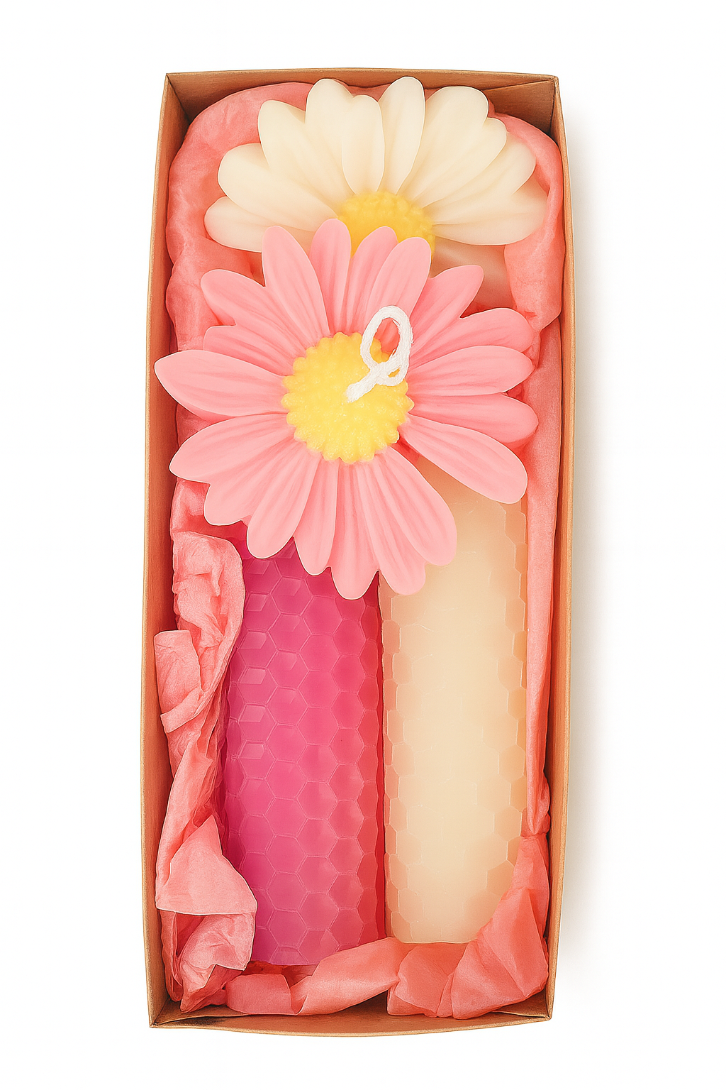 Caja Duo de Velas Rosa y Blanca – Soja y Cera de Abeja · Edición Floral
