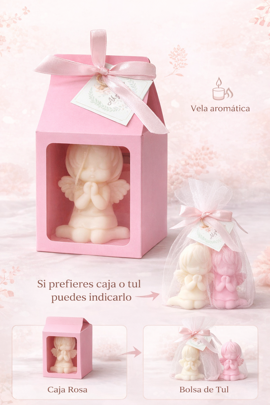 Vela Ángel de Comunión Personalizada – Detalle Infantil en Caja Rosa o Tul