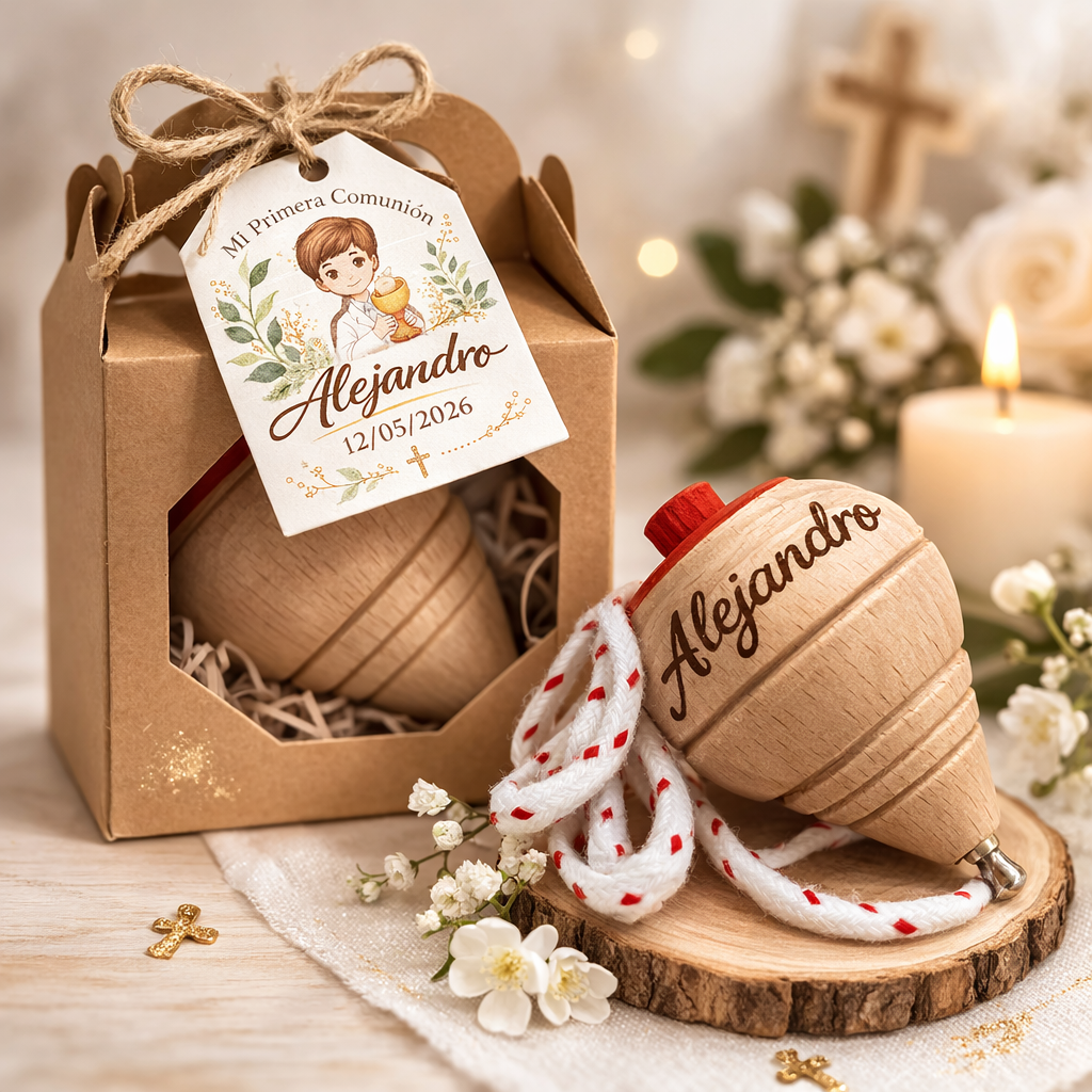 Peonza Personalizada de Comunión en Caja Kraft · Detalle Artesanal