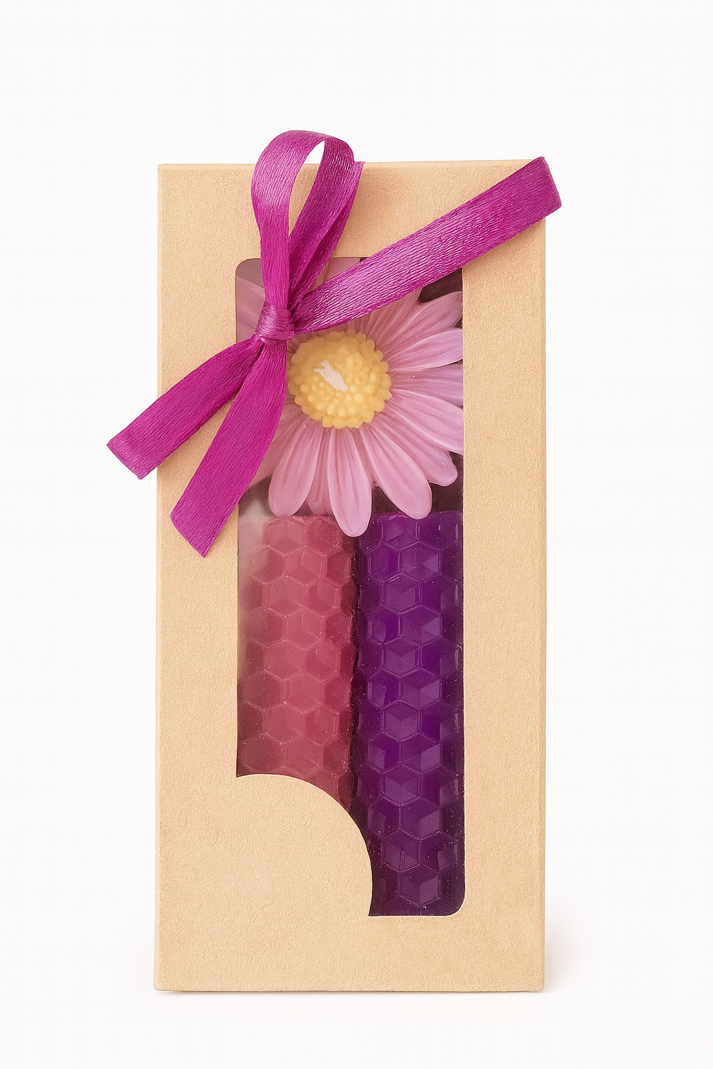 Caja Duo de Velas Rosa y Morado – Soja y Cera de Abeja · Aroma Natural