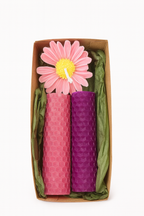 Caja Duo de Velas Rosa y Morado – Soja y Cera de Abeja · Aroma Natural